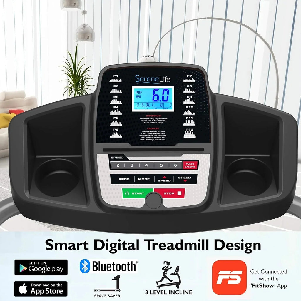SereneLife Folding Treadmill - Foldable Home Fitness Equipment with LCD for Walking & Running - Cardio Exercise Machine - Preset and Adjustable Programs - Bluetooth Connectivity