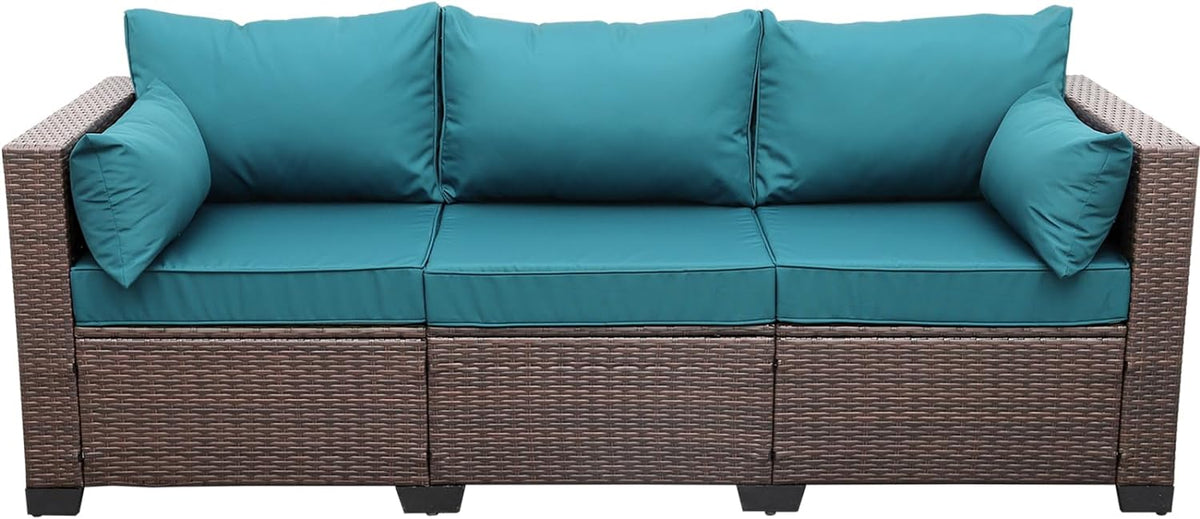 WAROOM Patio Couch PE Wicker 3-Seat Outdoor Brown Rattan Sofa Deep Seating Furniture with Non-Slip Beige Cushion