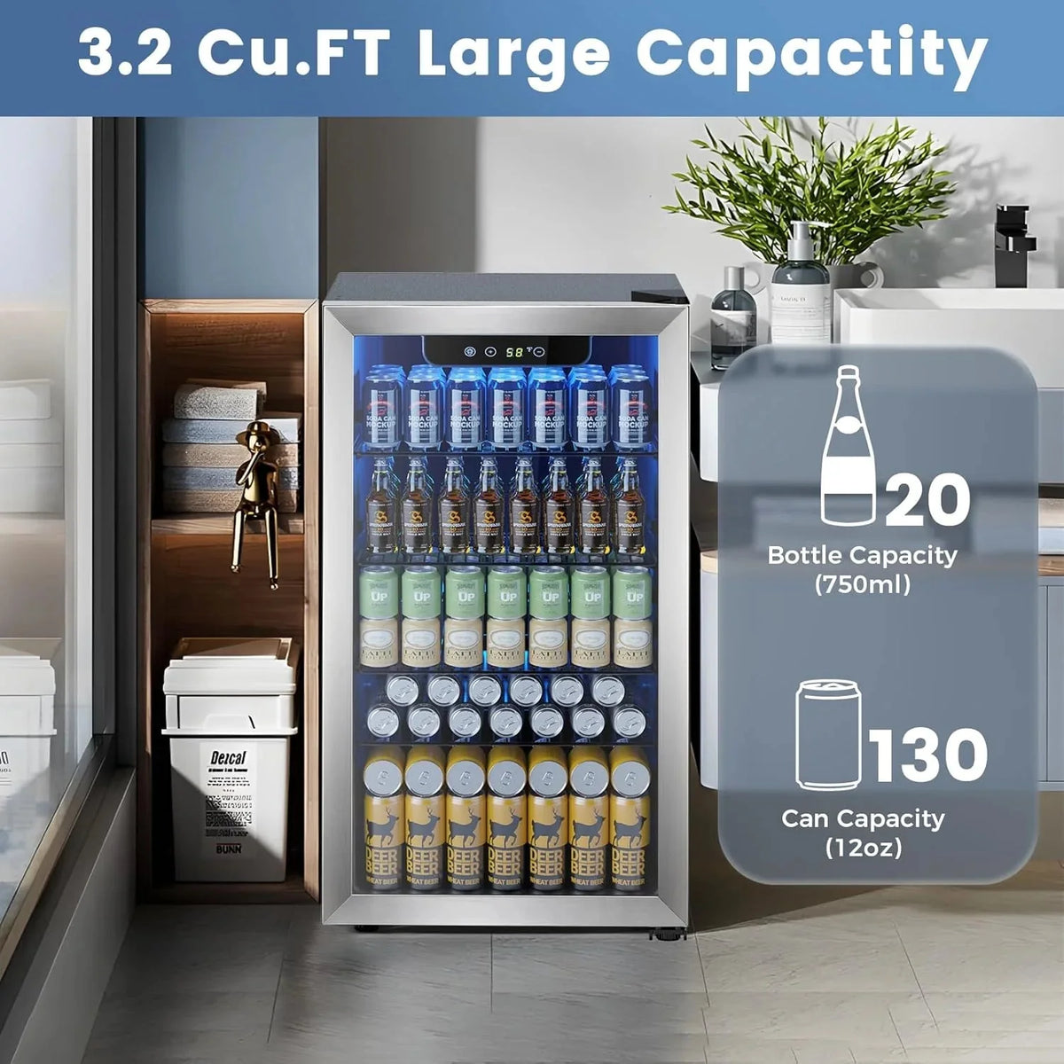 Mini Fridge 130 Can Beverage Refrigerator Cooler, 3.2 Cu.Ft Drink Fridge for Soda Wine Beer, Adjustable Temperature Control for Home Office, Black