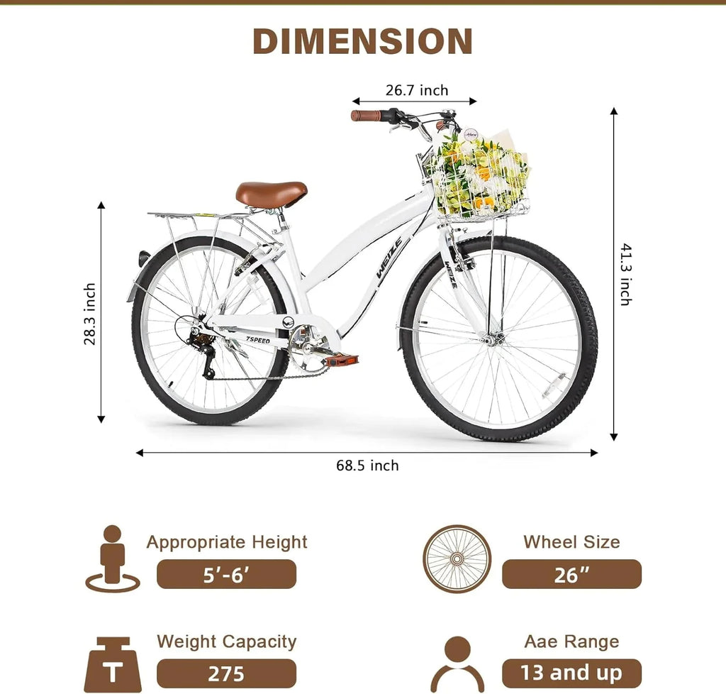 WEIZE Beach Cruiser Bike, 26 inch Commuter Bicycle for Adult Men and Women, 7-Speed/High-Carbon Steel/Front & Rear Fenders, Comfortable City Bikes with Rear Rack or Basket, Ergonomic Upright Design