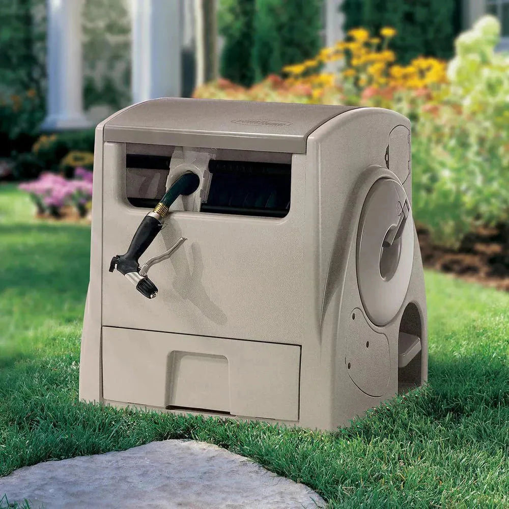 Suncast 100 ft. Powerwind Auto Power Rewind Hose Reel, Light Taupe