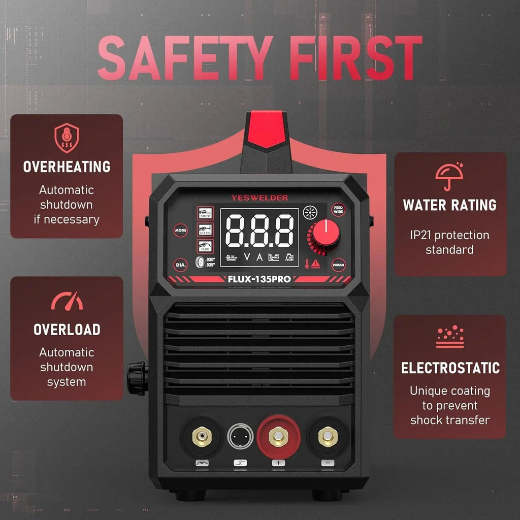 YESWELDER 135Amp MIG Welder,110V Flux Core Welder Flux Core MIG/Lift TIG/Stick 3-in-1 Large LED Digital Display Welding Machine IGBT Inverter Welder FLUX-135PRO