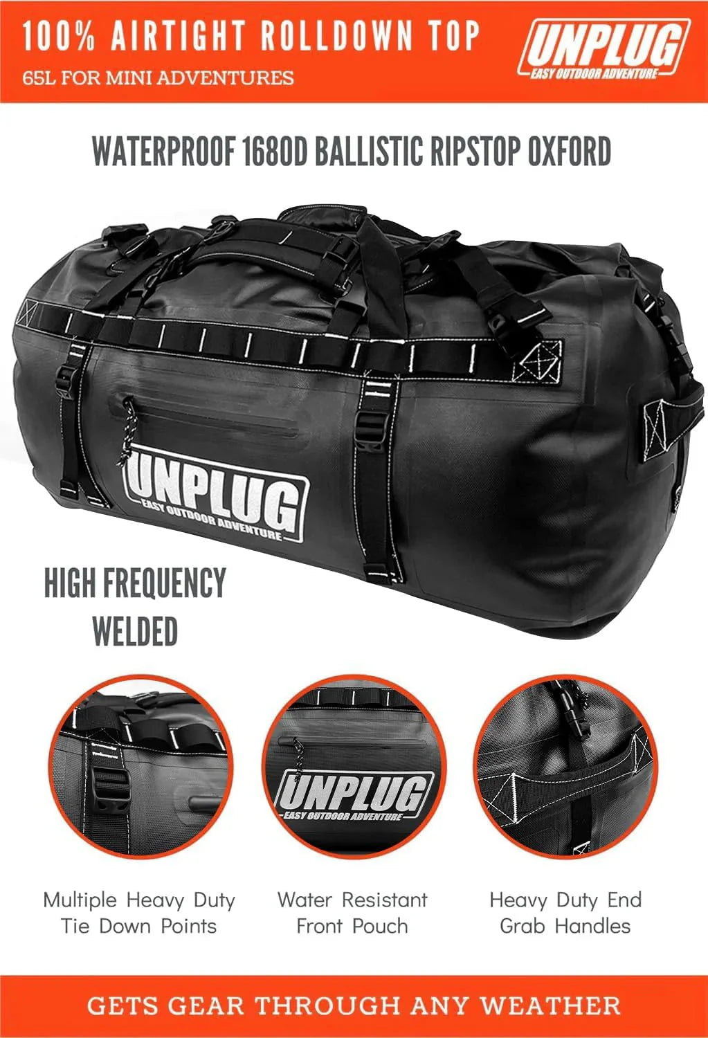 UNPLUG Ultimate Adventure Bag -1680D Heavy Duty Waterproof Travel Duffel Bags for Camping, Motorcycle Dry Bag, Waterproof Bags for Boating, Waterproof Duffle Backpack,Tactical Duffle Bag