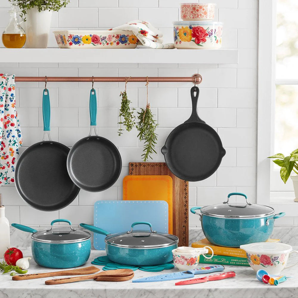 The Pioneer Woman Brilliant Blooms 38-Piece Cookware Set, Teal – Complete Kitchen Solution with Floral Design