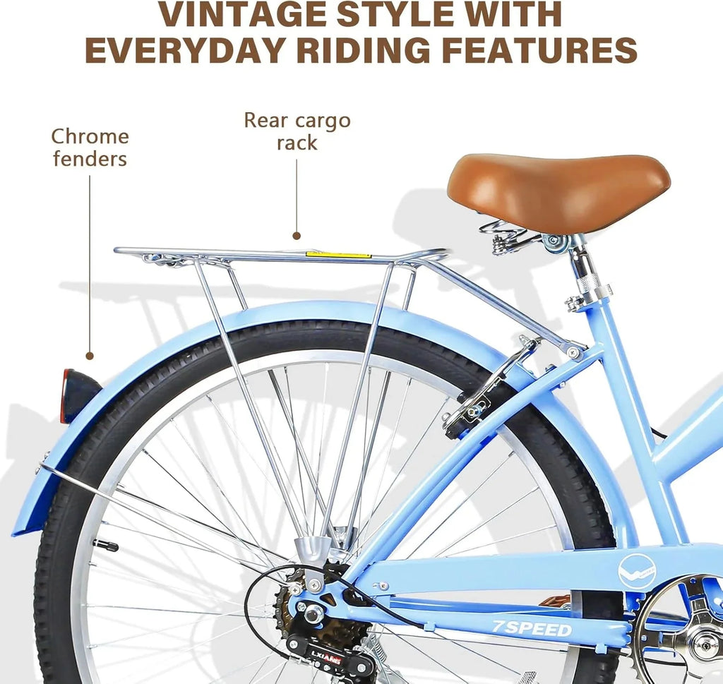 WEIZE Beach Cruiser Bike, 26 inch Commuter Bicycle for Adult Men and Women, 7-Speed/High-Carbon Steel/Front & Rear Fenders, Comfortable City Bikes with Rear Rack or Basket, Ergonomic Upright Design