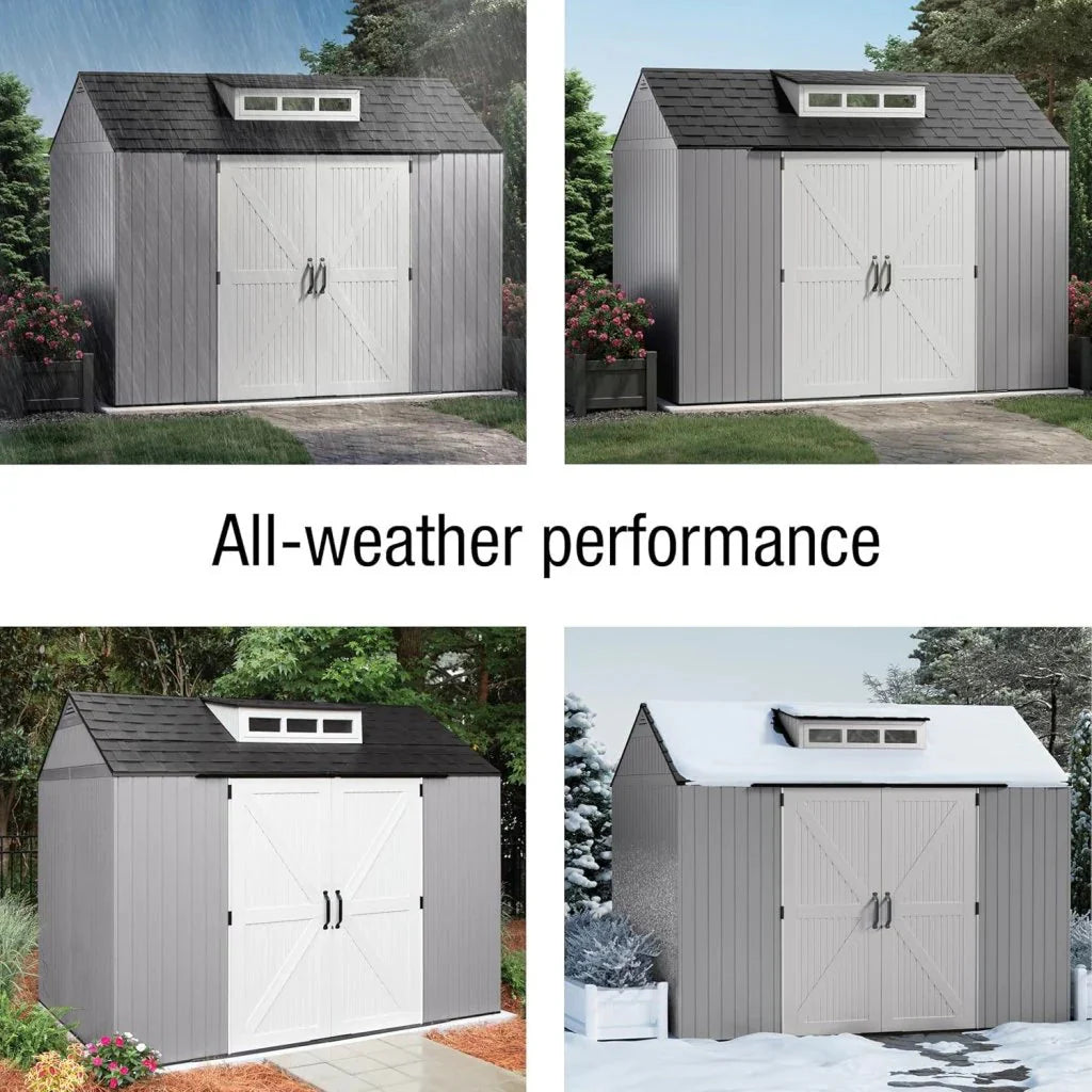 Rubbermaid Resin Outdoor Storage Shed With Floor (7 x 7 Ft) Weather Resistant Gray Organization for Home/Backyard/Garden Tools/Lawn Mower/Bike Storage/Pool Supplies