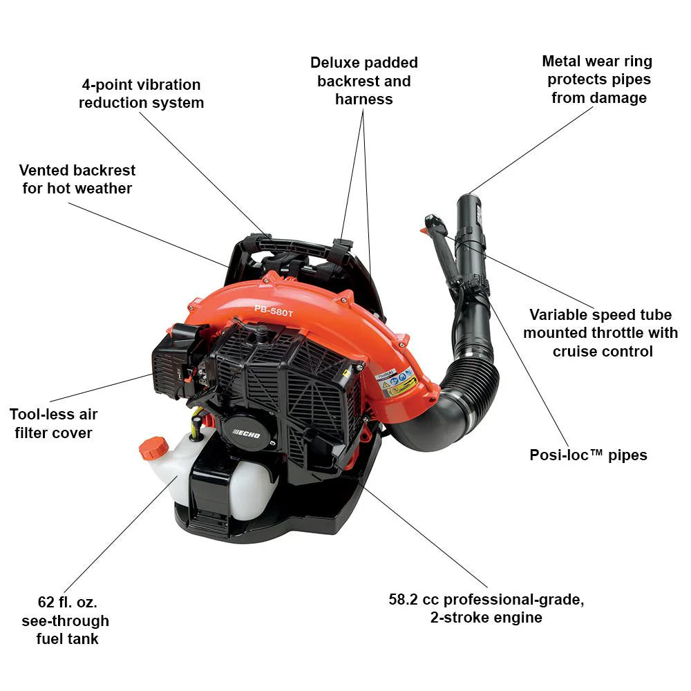 ECHO PB-580T 58.2cc Gas Backpack Leaf Blower, 216 MPH, 517 CFM, 2-Stroke Engine, Tube Throttle