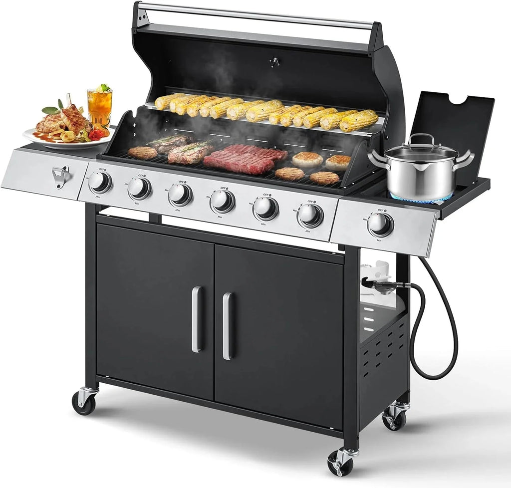 Upgraded 4 Burner BBQ Propane Gas Grill with Cast Iron Grates & Side Stove, 44,000 BTU Stainless Steel Burner Barbecue Grill for Patio, Camping, Outdoor Cooking MELLCOM