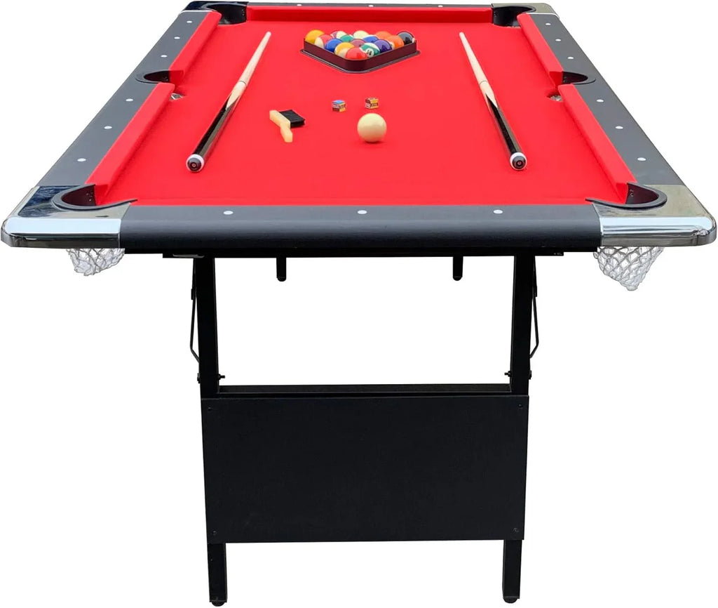 6 Ft Portable Pool Table, Adults Folding Billiards Tables for Game Room with Easy Foldable Storage, Includes Full Set of Billiard Balls, Cues, Chalk & Brush