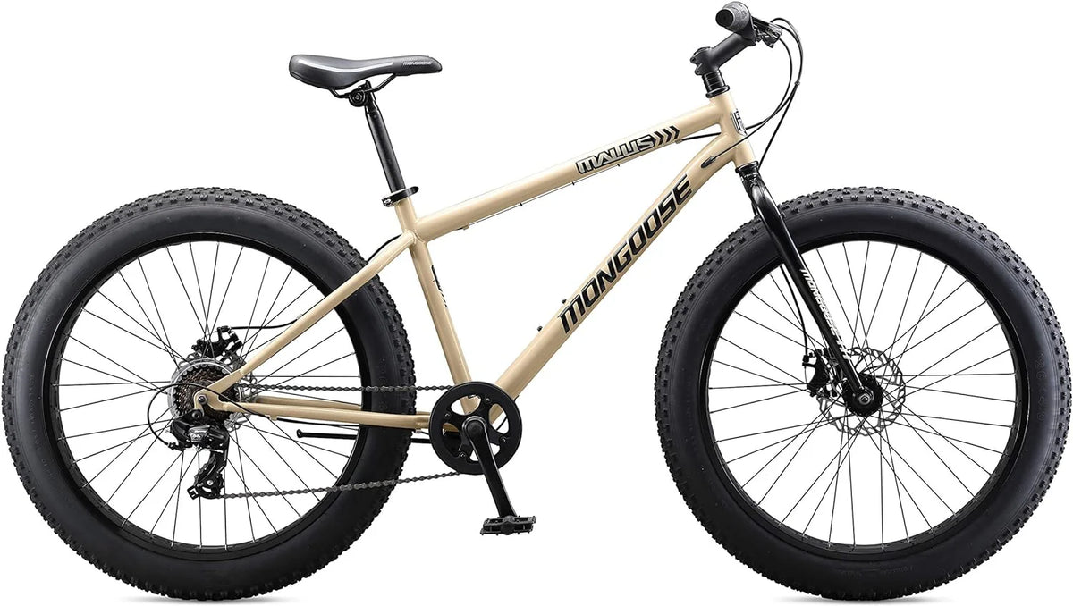 Mongoose Malus Mens and Women Fat Tire Mountain Bike, 26-Inch Bicycle Wheels, 4-Inch Wide Knobby Tires, Steel Frame, 7 Speed Drivetrain, Shimano Rear Derailleur, Disc Brakes