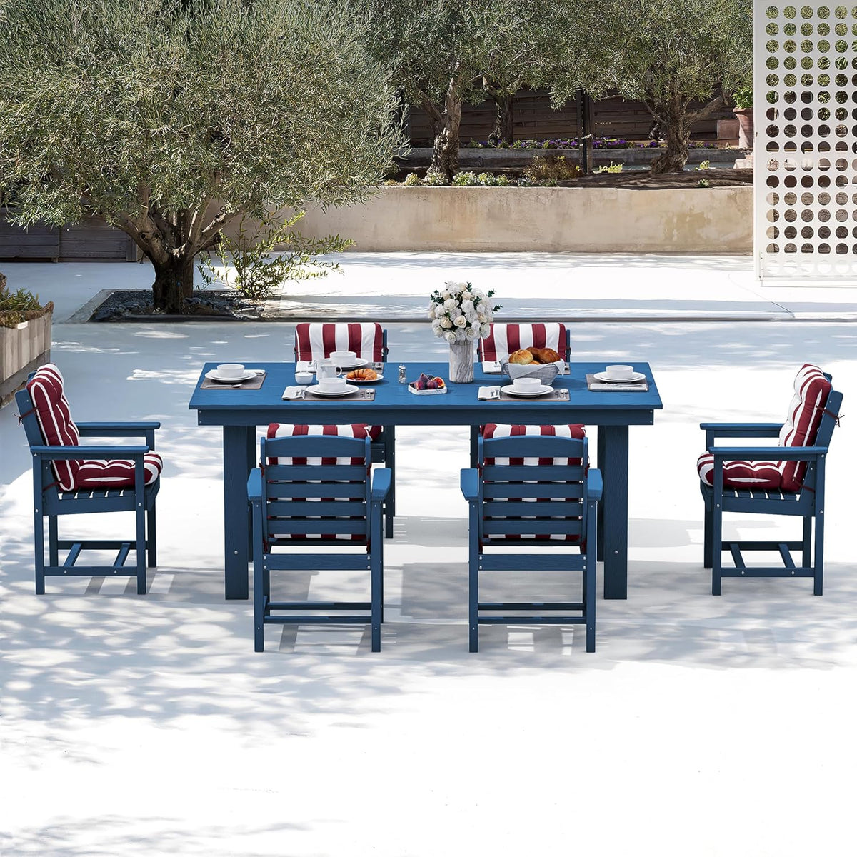 SERWALL 7-Piece Patio Table Set, Outdoor HDPE Dining Furniture with Umbrella Hole, All Weather Table and Chairs for Lawn, Garden, Poolside, Aruba