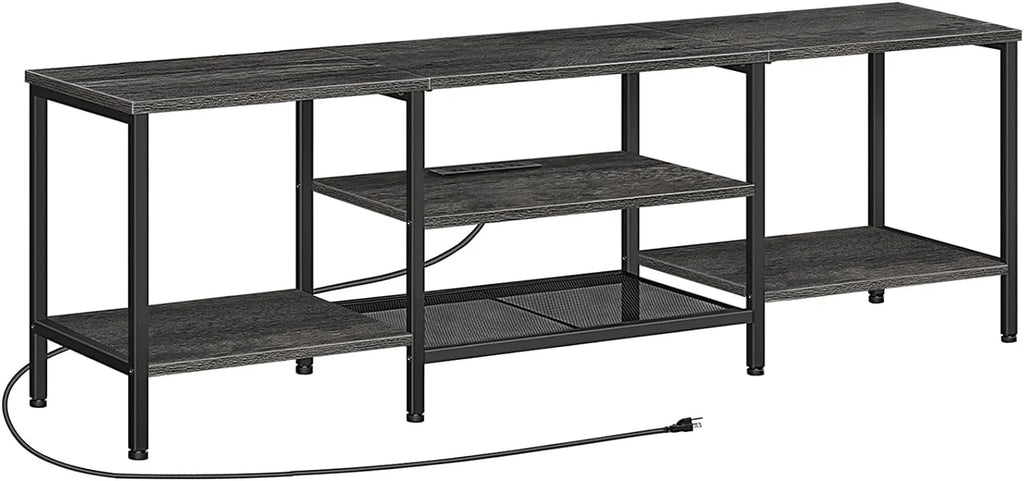 TV Stand with Power Outlets to 75 Inches, TV Console Table with Open Storage Shelves Cabinet, Industrial Media Entertainment Center for Living Room Bedroom, Rustic Brown and Black BF60DS01