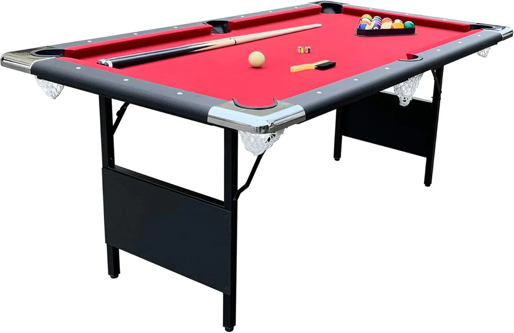 6 Ft Portable Pool Table, Adults Folding Billiards Tables for Game Room with Easy Foldable Storage, Includes Full Set of Billiard Balls, Cues, Chalk & Brush