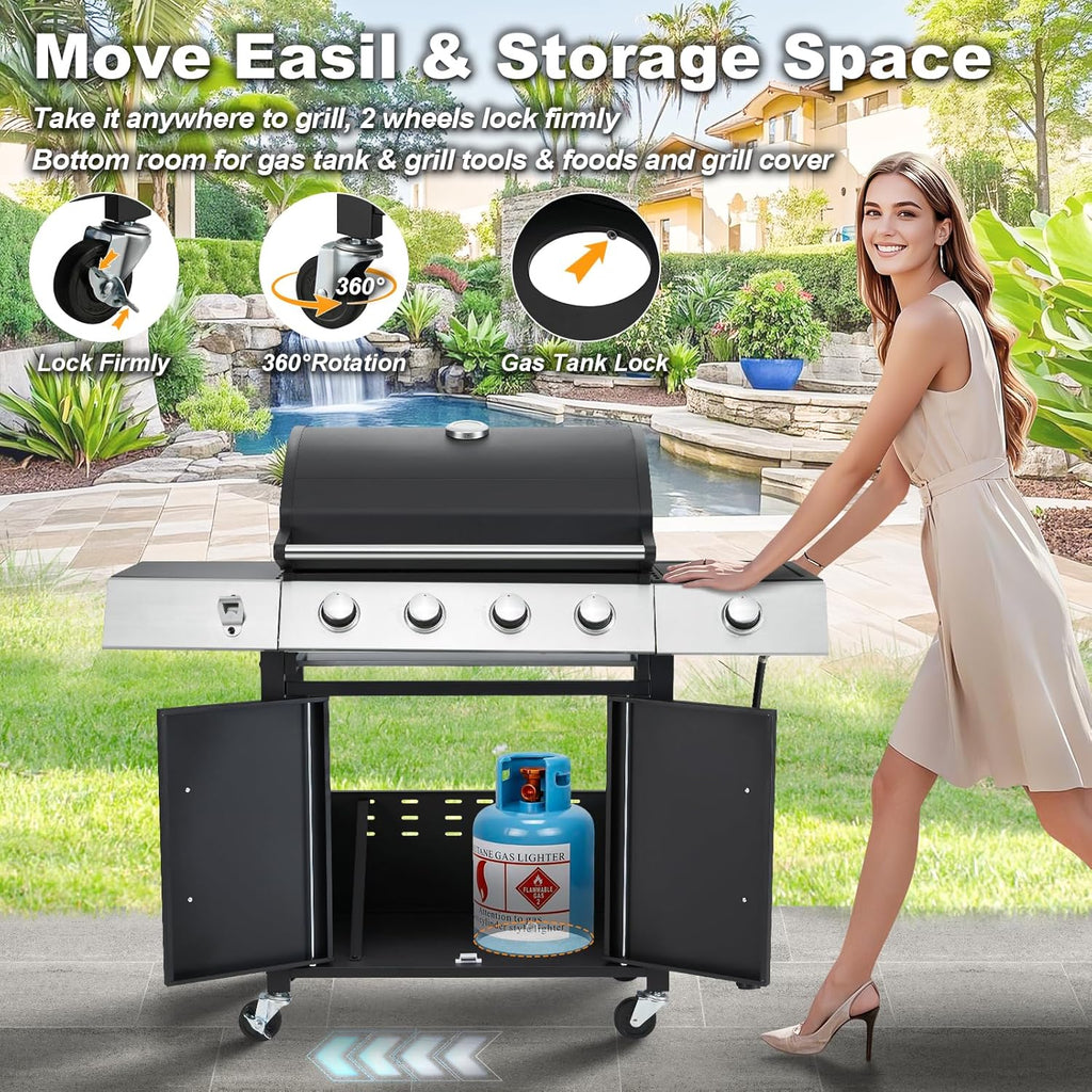 Upgraded 4 Burner BBQ Propane Gas Grill with Cast Iron Grates & Side Stove, 44,000 BTU Stainless Steel Burner Barbecue Grill for Patio, Camping, Outdoor Cooking MELLCOM