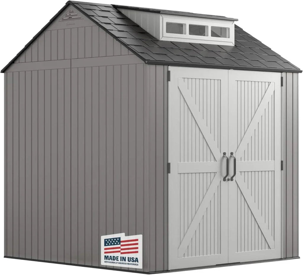 Rubbermaid Resin Outdoor Storage Shed With Floor (7 x 7 Ft) Weather Resistant Gray Organization for Home/Backyard/Garden Tools/Lawn Mower/Bike Storage/Pool Supplies