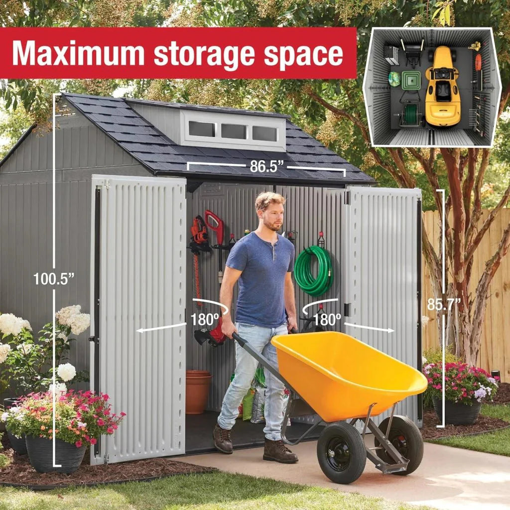 Rubbermaid Resin Outdoor Storage Shed With Floor (7 x 7 Ft) Weather Resistant Gray Organization for Home/Backyard/Garden Tools/Lawn Mower/Bike Storage/Pool Supplies