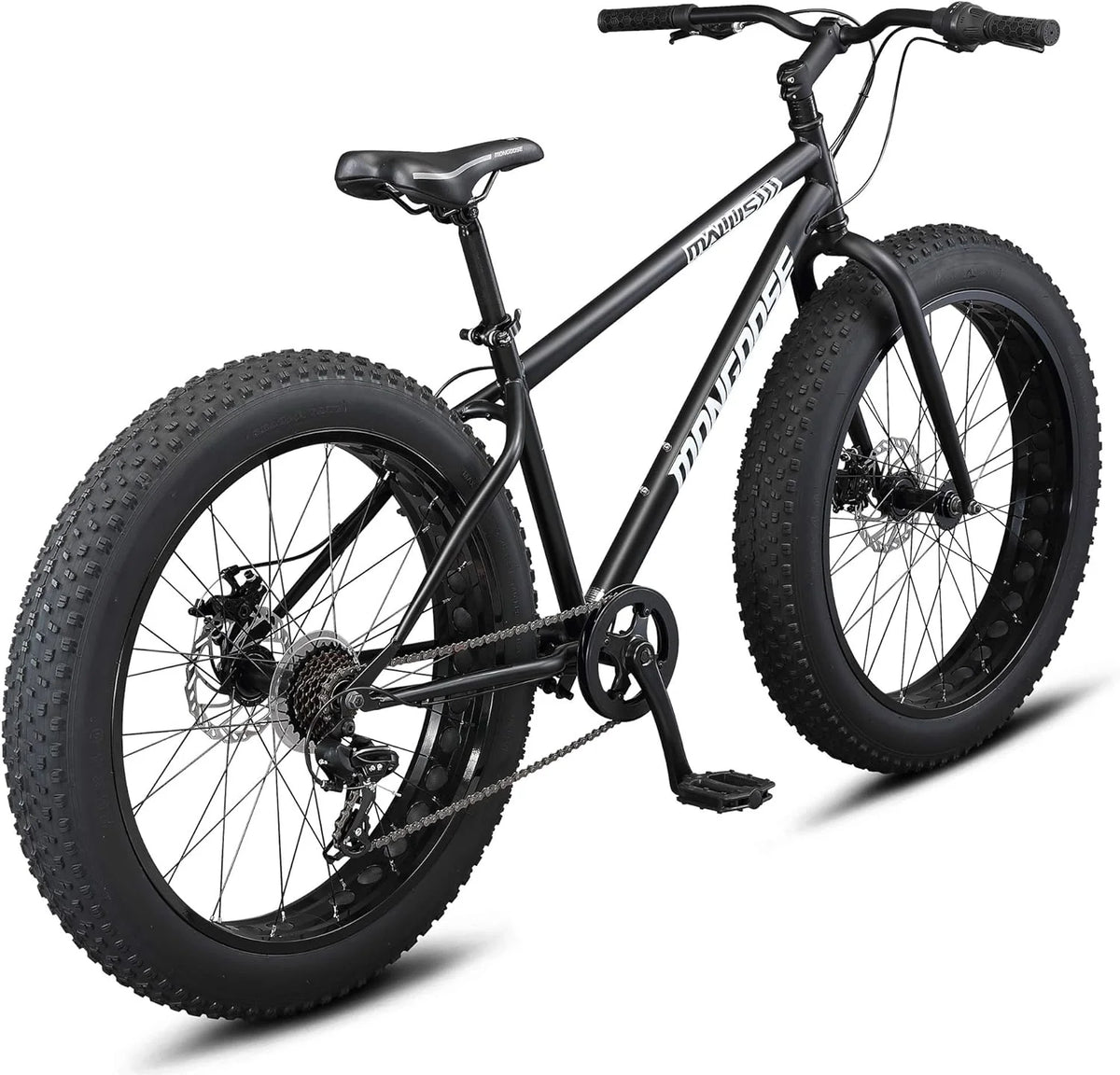 Mongoose Malus Mens and Women Fat Tire Mountain Bike, 26-Inch Bicycle Wheels, 4-Inch Wide Knobby Tires, Steel Frame, 7 Speed Drivetrain, Shimano Rear Derailleur, Disc Brakes