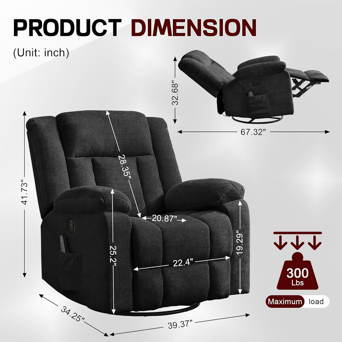 Rocker Recliner, Glider Recliner Chairs for Adults, 360° Swivel Rocking Chair with Massage and Heating, Nursery Chair with Storage and USB Charging for Living Room, Bedroom, Nursery