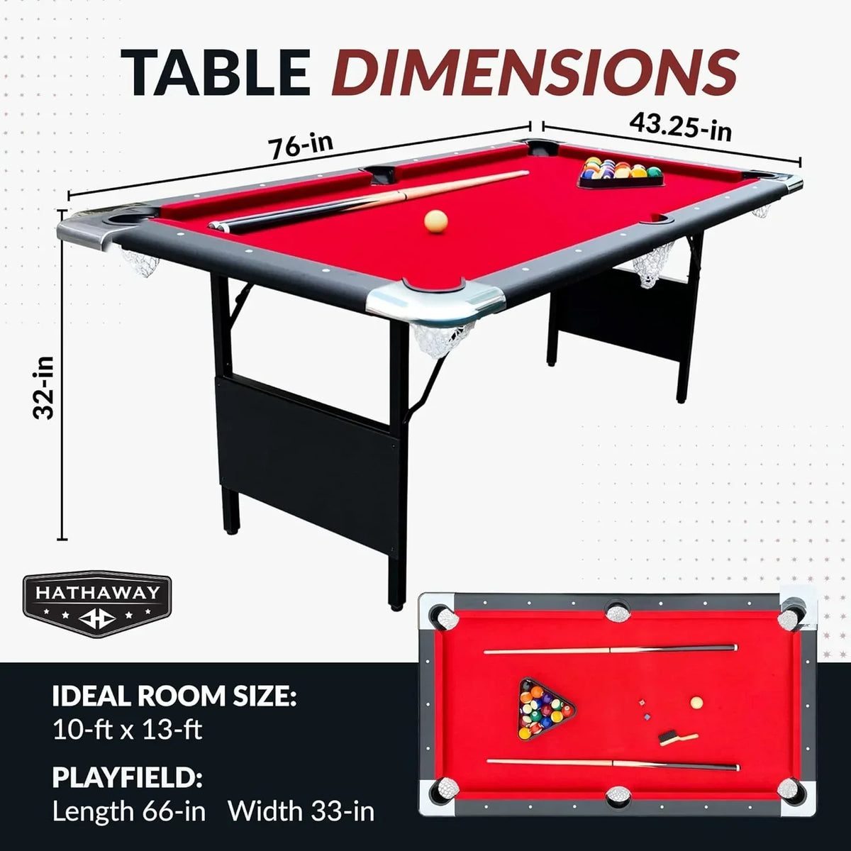 6 Ft Portable Pool Table, Adults Folding Billiards Tables for Game Room with Easy Foldable Storage, Includes Full Set of Billiard Balls, Cues, Chalk & Brush