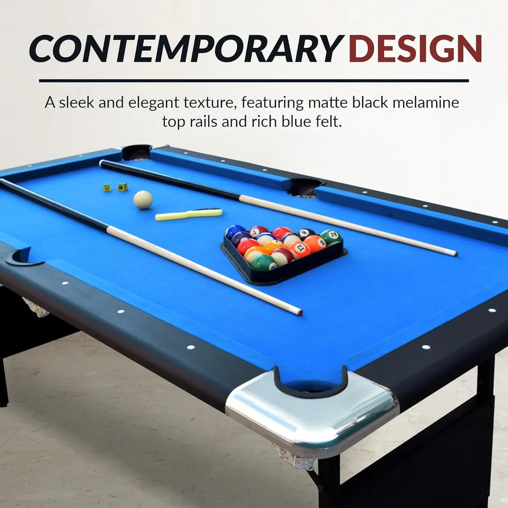 6 Ft Portable Pool Table, Adults Folding Billiards Tables for Game Room with Easy Foldable Storage, Includes Full Set of Billiard Balls, Cues, Chalk & Brush