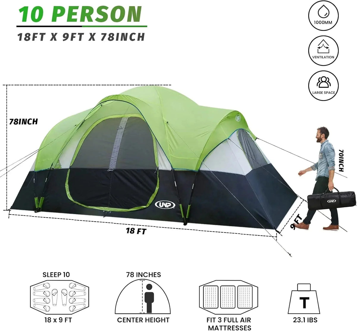 UNP Camping Tent 10-Person-Family Tents, Parties, Music Festival Tent, Big, Easy Up, 5 Large Mesh Windows, Double Layer, 2 Room, Waterproof, Weather Resistant, 18ft x 9ft x78in