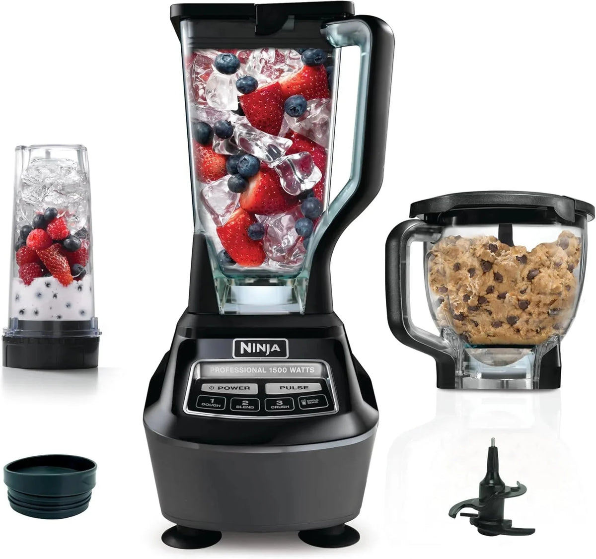 Ninja Blender, Mega Kitchen System, 1500W, 4 Functions for Smoothies, Processing, Dough, Drinks & More, with 72 Blender Pitcher, 64 Processor Bowl, 2 Nutri Cups + Lids, Black, BL770