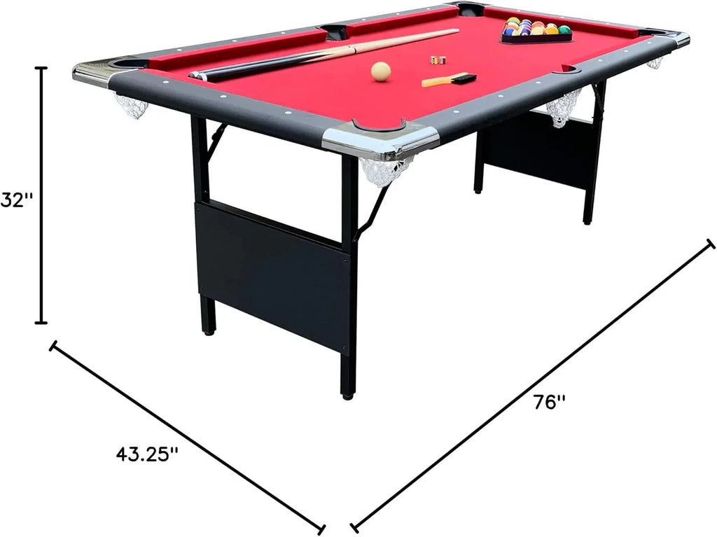 6 Ft Portable Pool Table, Adults Folding Billiards Tables for Game Room with Easy Foldable Storage, Includes Full Set of Billiard Balls, Cues, Chalk & Brush