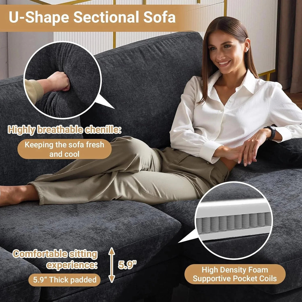 VINGLI 110" Sectional Couches for Living Room,U Shaped Couch with Double Chaise, 4-Seat Sofa Set with Chenille Fabric for Home Furniture,Beige