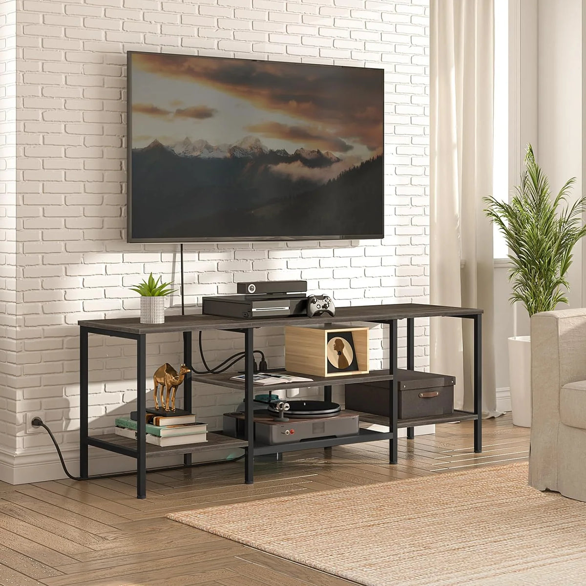 TV Stand with Power Outlets to 75 Inches, TV Console Table with Open Storage Shelves Cabinet, Industrial Media Entertainment Center for Living Room Bedroom, Rustic Brown and Black BF60DS01