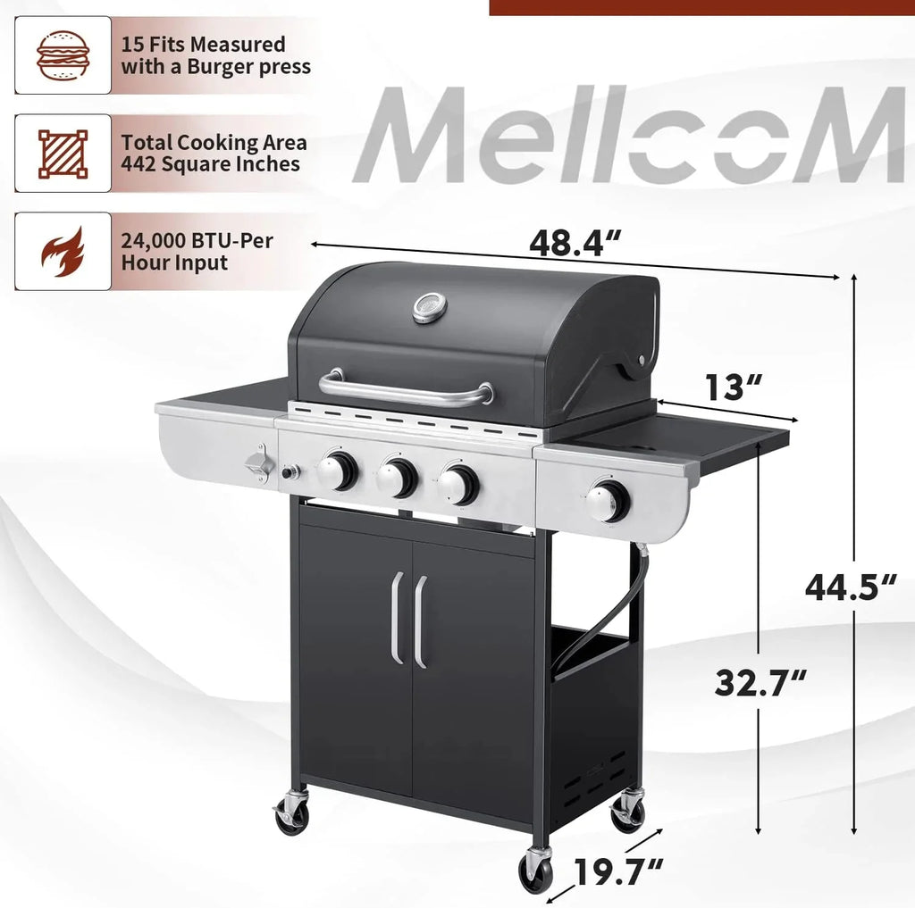 Upgraded 4 Burner BBQ Propane Gas Grill with Cast Iron Grates & Side Stove, 44,000 BTU Stainless Steel Burner Barbecue Grill for Patio, Camping, Outdoor Cooking MELLCOM