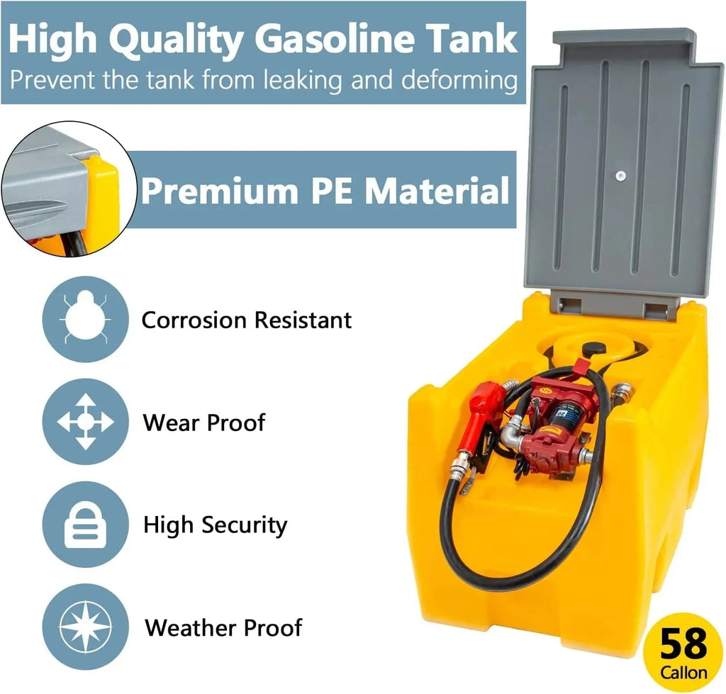 TECSPACE 58 Gallon Gasoline Tank, Portable Fuel Tank with 12V Electric Fuel Transfer Pump, 40 GPM Gasoline Fuel Tank with 4 Meters Hose for Gasoline Transportation (Yellow, 58 gal)