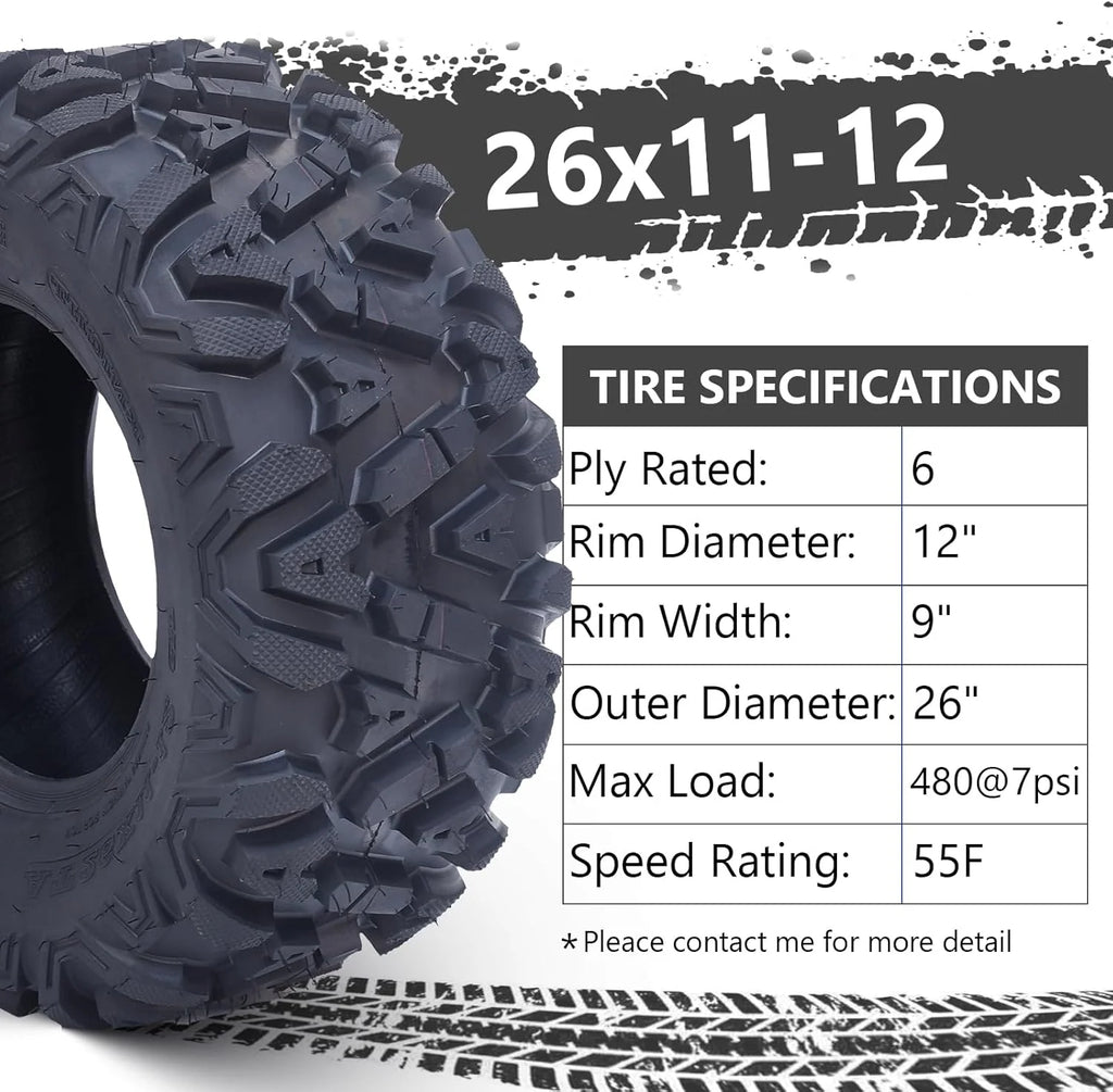26x12x12 Atv Tires, Set of 2 Atv Tires 26x12-12 6PR, All Terrain Atv/Utv Off-Road Tires, Black