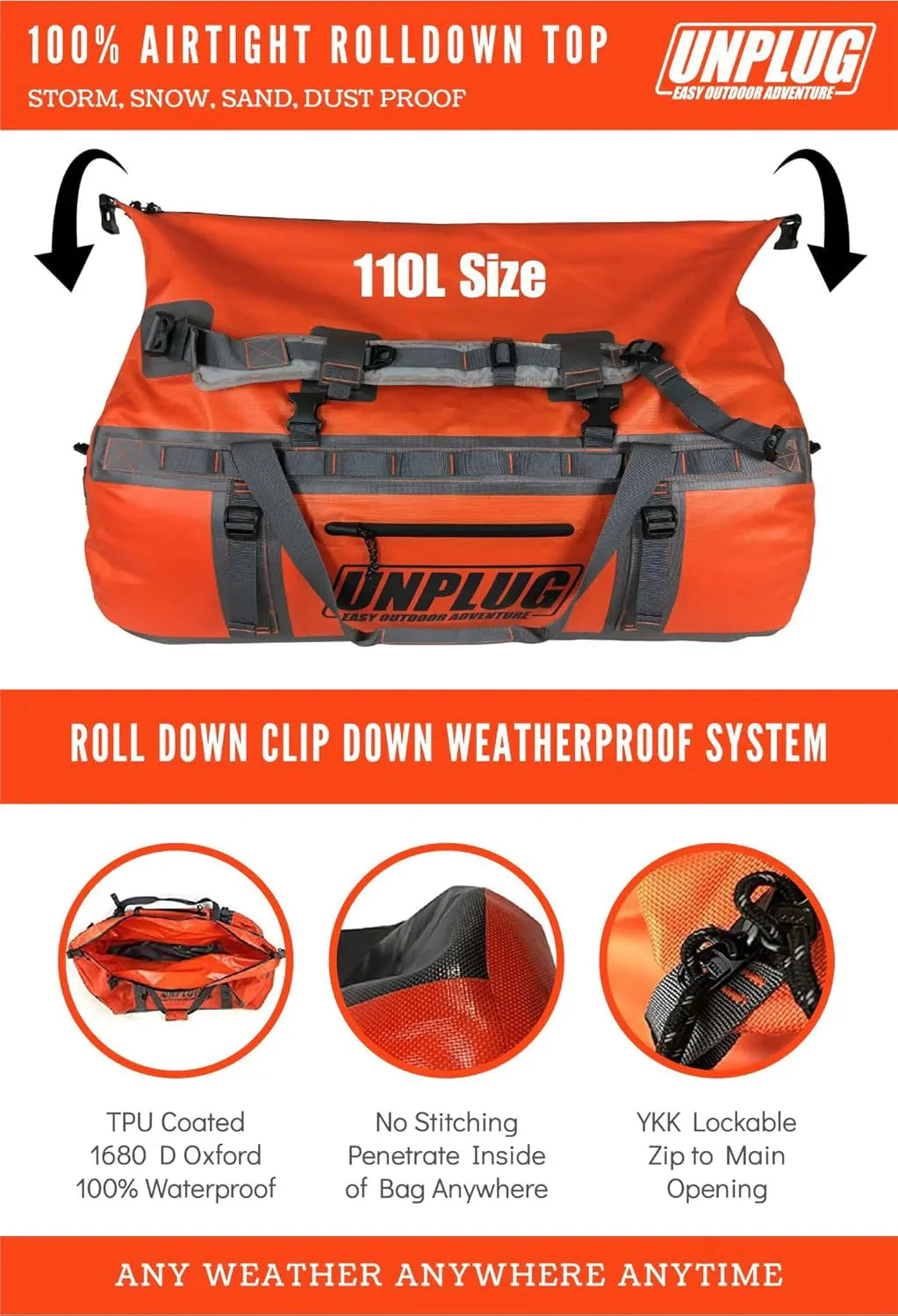UNPLUG Ultimate Adventure Bag -1680D Heavy Duty Waterproof Travel Duffel Bags for Camping, Motorcycle Dry Bag, Waterproof Bags for Boating, Waterproof Duffle Backpack,Tactical Duffle Bag