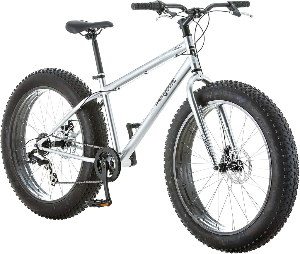 Mongoose Malus Mens and Women Fat Tire Mountain Bike, 26-Inch Bicycle Wheels, 4-Inch Wide Knobby Tires, Steel Frame, 7 Speed Drivetrain, Shimano Rear Derailleur, Disc Brakes