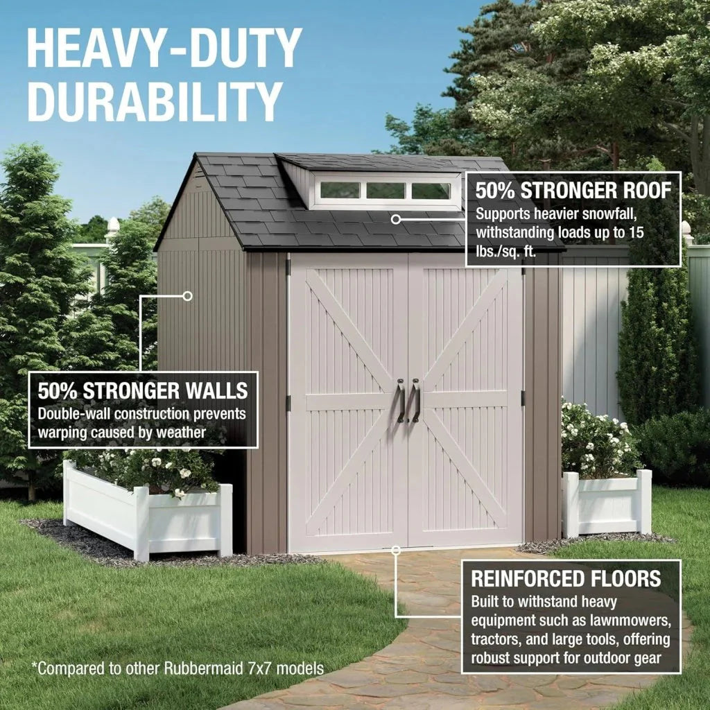 Rubbermaid Resin Outdoor Storage Shed With Floor (7 x 7 Ft) Weather Resistant Gray Organization for Home/Backyard/Garden Tools/Lawn Mower/Bike Storage/Pool Supplies