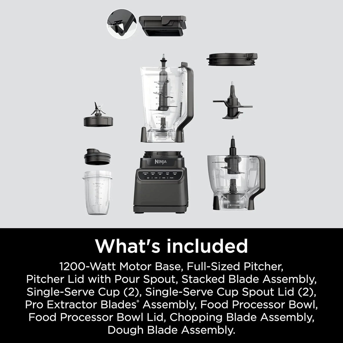 Ninja Blender, Mega Kitchen System, 1500W, 4 Functions for Smoothies, Processing, Dough, Drinks & More, with 72 Blender Pitcher, 64 Processor Bowl, 2 Nutri Cups + Lids, Black, BL770