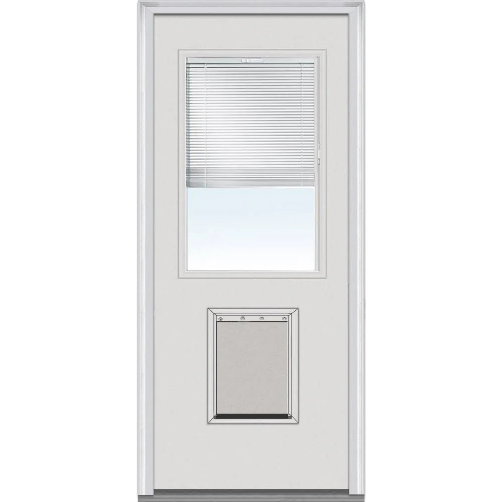 National Door Company Steel Exterior Door, Primed, 1/2 Lite with Clear Glass Internal Blinds & Pet Door, Right Hand Inswing, 32′′x80′′