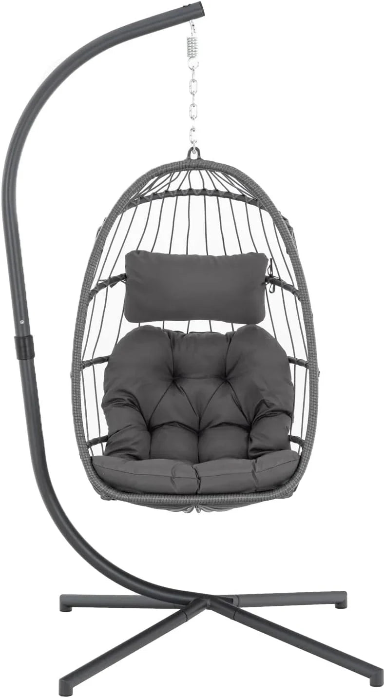 Yechen Indoor Outdoor Egg Hanging Chair with Stand, Patio Wicker Swing Egg Chair Indoor Swinging Chair Outdoor Hammock Egg Chair 350lbs Capacity for Patio Bedroom Balcony, Charcoal Grey (EG-001)