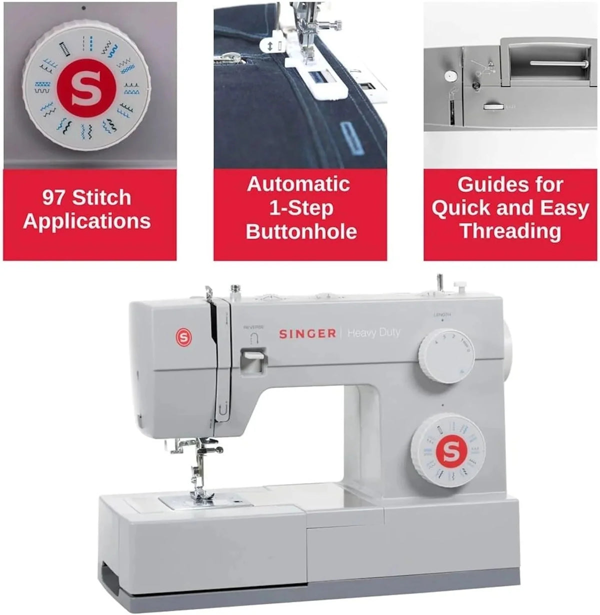 SINGER Heavy Duty 4423 High Speed Sewing Machine with Accessory Kit | Strong Motor With Enhanced Piercing Power, 97 Stitch Applications, Full Metal frame, 1-step Buttonhole & LED Light