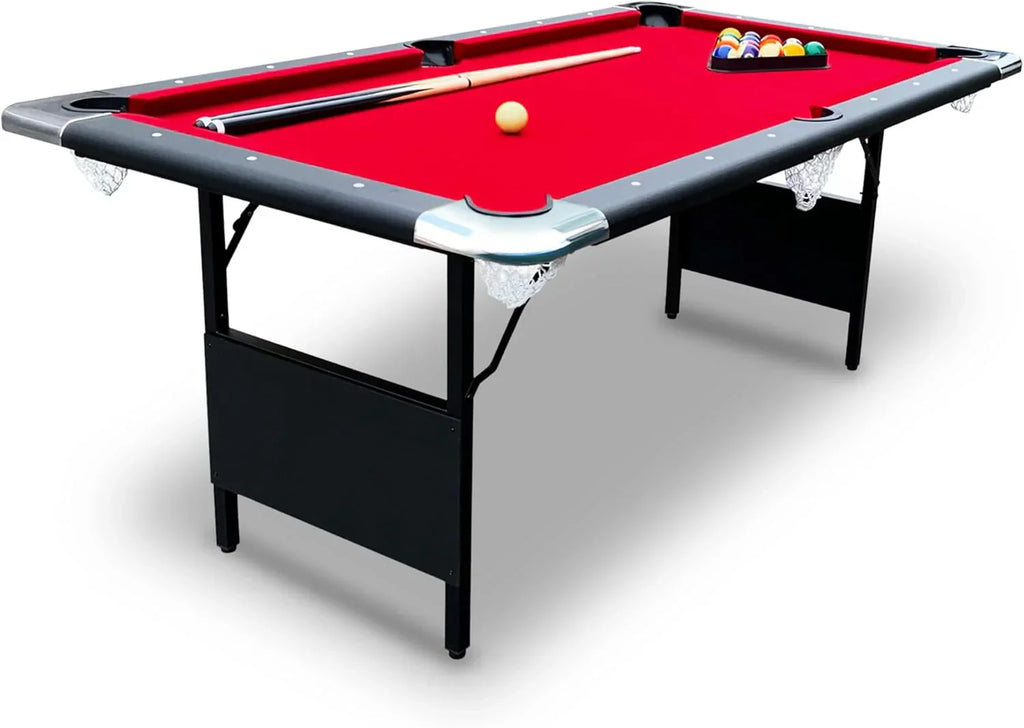 6 Ft Portable Pool Table, Adults Folding Billiards Tables for Game Room with Easy Foldable Storage, Includes Full Set of Billiard Balls, Cues, Chalk & Brush