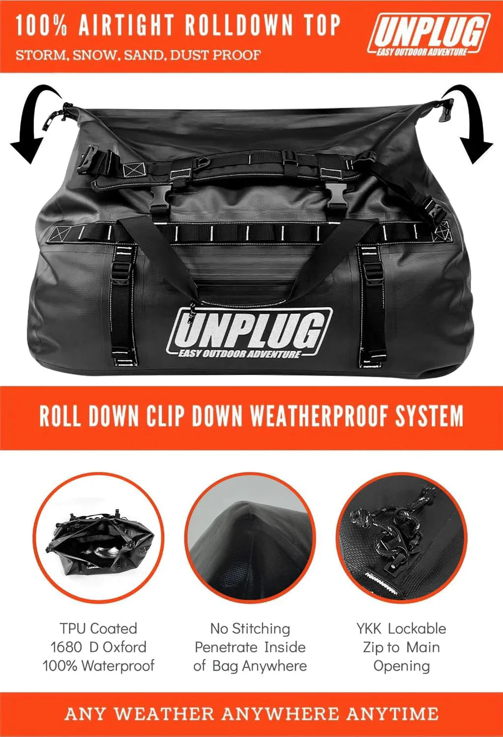 UNPLUG Ultimate Adventure Bag -1680D Heavy Duty Waterproof Travel Duffel Bags for Camping, Motorcycle Dry Bag, Waterproof Bags for Boating, Waterproof Duffle Backpack,Tactical Duffle Bag